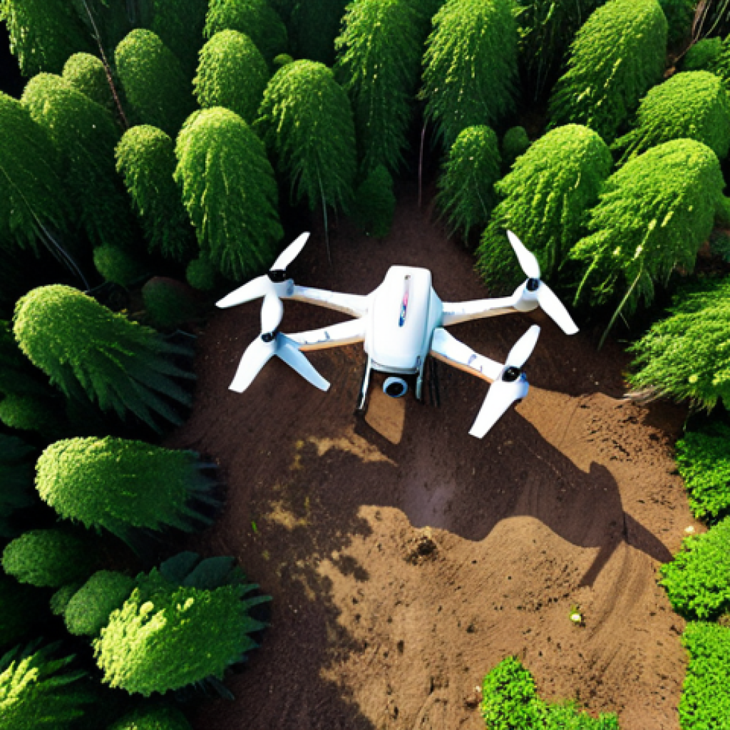 **
A drone soaring above a deforested area in the Amazon rainforest, equipped with planting pods. Lush green seedlings are visible emerging from the ground where the drone has sown seeds. The image should convey hope and technological advancement in ecological restoration. Focus on natural lighting and vibrant colors.
**