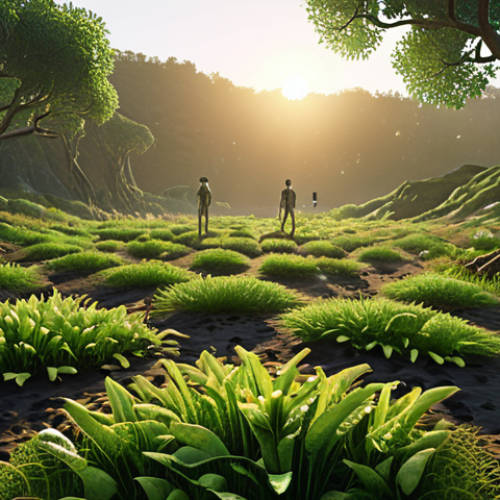 Home 6 **Prompt 1: The Dawn of Restored Ecosystems through Technology**
A futuristic yet grounded scene depicting a once-degraded landscape actively transforming into a lush, vibrant, and healthy ecosystem. Visible elements include advanced AI mapping interfaces overlaying the terrain, showing data points and green restoration zones, alongside subtle visual cues of bioengineering (e.g., genetically enhanced, fast-growing plants, or specialized microorganisms working on soil). The image should convey a strong sense of hope and urgency, with nature vigorously reclaiming its vitality, guided by cutting-edge technology. Soft, optimistic lighting, perhaps a sunrise or warm afternoon glow, illuminating the restored areas.