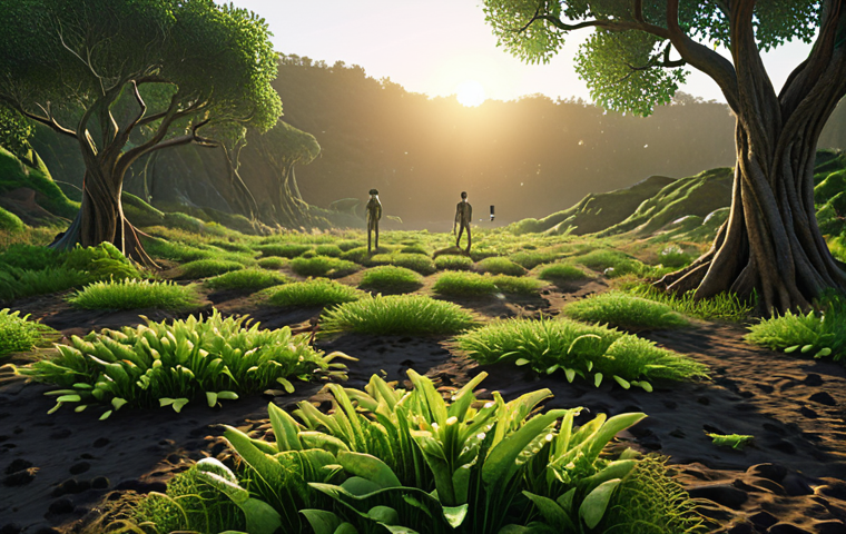 **Prompt 1: The Dawn of Restored Ecosystems through Technology**
A futuristic yet grounded scene depicting a once-degraded landscape actively transforming into a lush, vibrant, and healthy ecosystem. Visible elements include advanced AI mapping interfaces overlaying the terrain, showing data points and green restoration zones, alongside subtle visual cues of bioengineering (e.g., genetically enhanced, fast-growing plants, or specialized microorganisms working on soil). The image should convey a strong sense of hope and urgency, with nature vigorously reclaiming its vitality, guided by cutting-edge technology. Soft, optimistic lighting, perhaps a sunrise or warm afternoon glow, illuminating the restored areas.