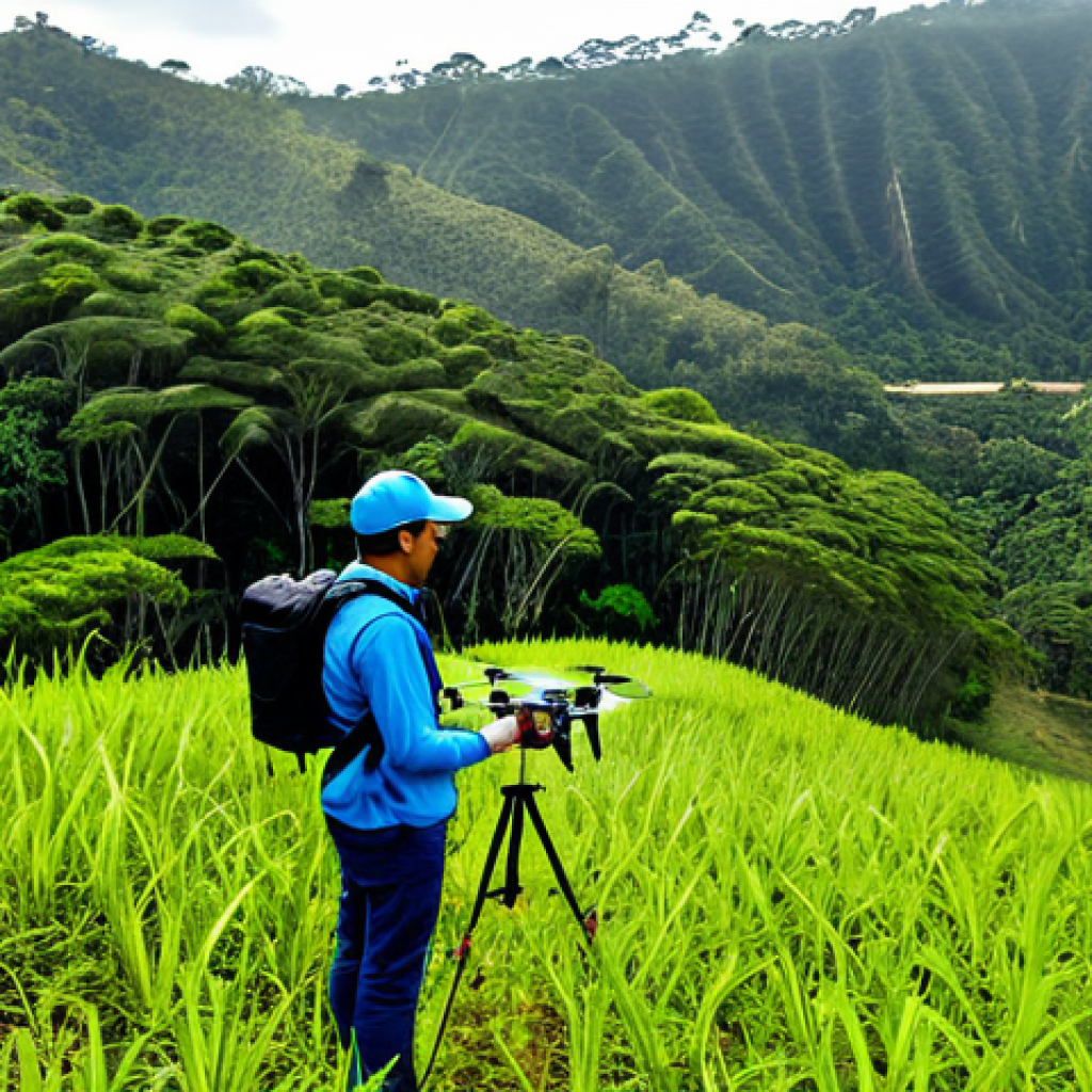 A professional environmental engineer, fully clothed in modest, practical field attire, operating a drone in a lush, reforested Brazilian landscape. The drone is depicted mapping the healthy vegetation, showcasing the integration of technology in ecological restoration. The scene highlights innovative reforestation efforts, with new tree saplings growing vigorously. Perfect anatomy, correct proportions, natural pose, well-formed hands, proper finger count. Professional photography, high quality, vibrant natural light, safe for work, appropriate content, family-friendly.