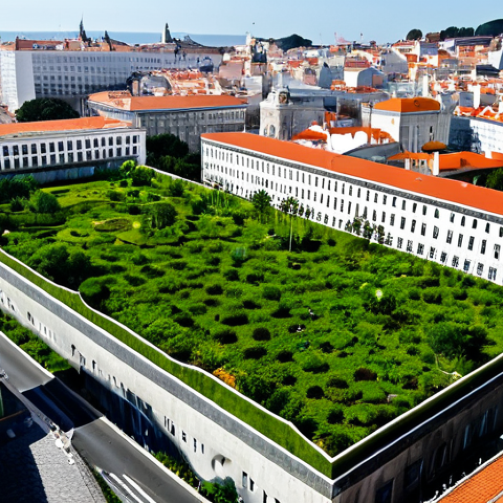 **
"An aerial view of Lisbon showcasing green infrastructure: rain gardens, green roofs, and urban forests integrated into the city landscape. Modest buildings blend with natural elements. Focus on sustainable urban planning and harmonious coexistence. Safe for work, appropriate content, fully clothed figures are subtly visible enjoying the spaces, professional, family-friendly, perfect anatomy, correct proportions, natural pose, high quality."
**