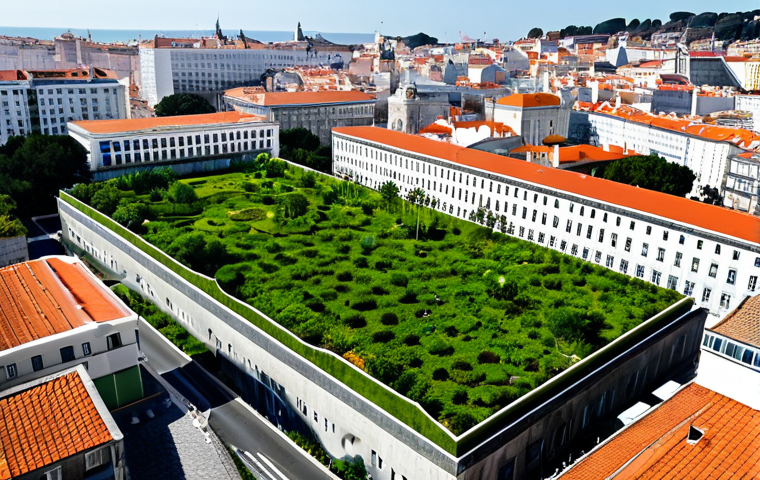 **
"An aerial view of Lisbon showcasing green infrastructure: rain gardens, green roofs, and urban forests integrated into the city landscape. Modest buildings blend with natural elements. Focus on sustainable urban planning and harmonious coexistence. Safe for work, appropriate content, fully clothed figures are subtly visible enjoying the spaces, professional, family-friendly, perfect anatomy, correct proportions, natural pose, high quality."
**