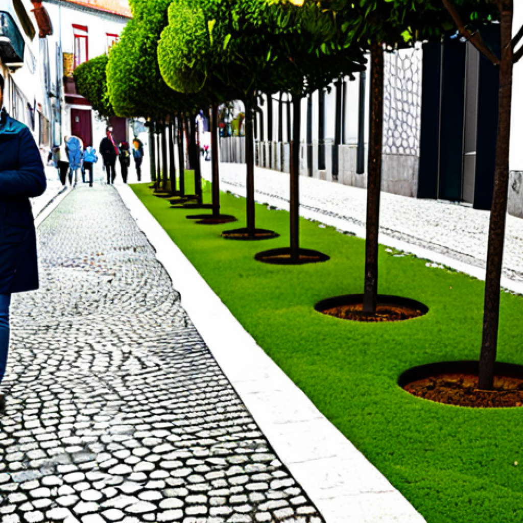 Urban Renaturalization in Lisbon**
"A vibrant rain garden in Lisbon, Portugal, showcasing native plants and collecting rainwater runoff from a cobblestone street, fully clothed pedestrians walking by, safe for work, appropriate content, professional urban planning photography, perfect anatomy, natural proportions, modest attire, family-friendly."
**