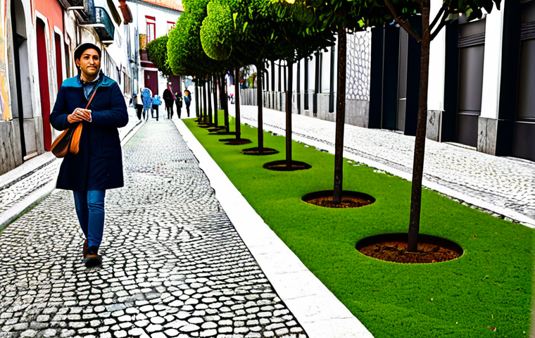 Urban Renaturalization in Lisbon**
"A vibrant rain garden in Lisbon, Portugal, showcasing native plants and collecting rainwater runoff from a cobblestone street, fully clothed pedestrians walking by, safe for work, appropriate content, professional urban planning photography, perfect anatomy, natural proportions, modest attire, family-friendly."
**