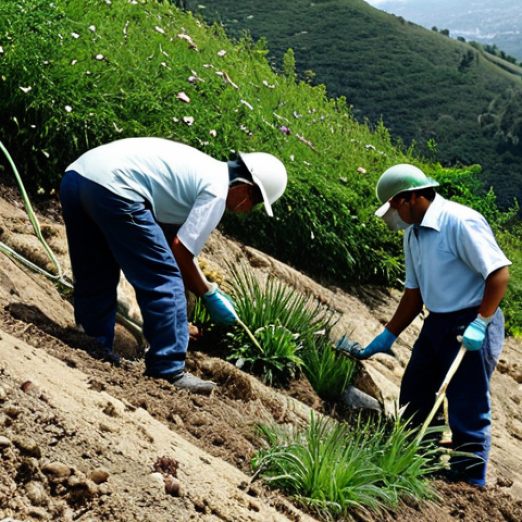 생태계 복원 기술을 통한 자산 가치 증대 - **Prompt:** "Bioengineering project on a hillside, fully clothed workers planting native vegetation,...