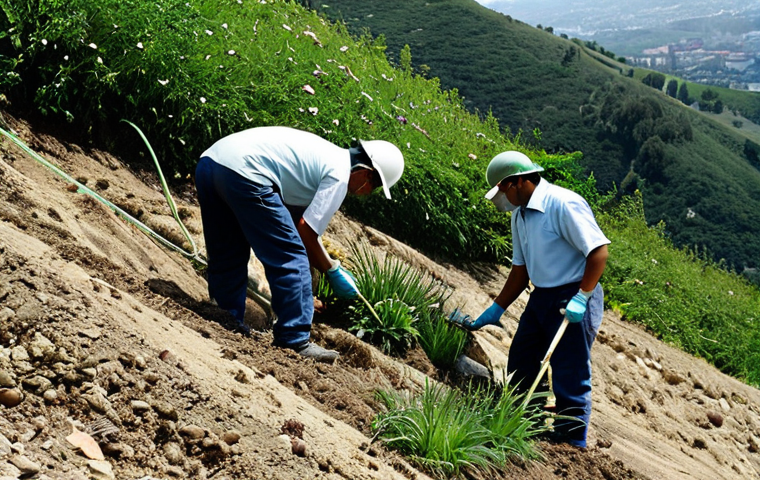 생태계 복원 기술을 통한 자산 가치 증대 - **Prompt:** "Bioengineering project on a hillside, fully clothed workers planting native vegetation,...