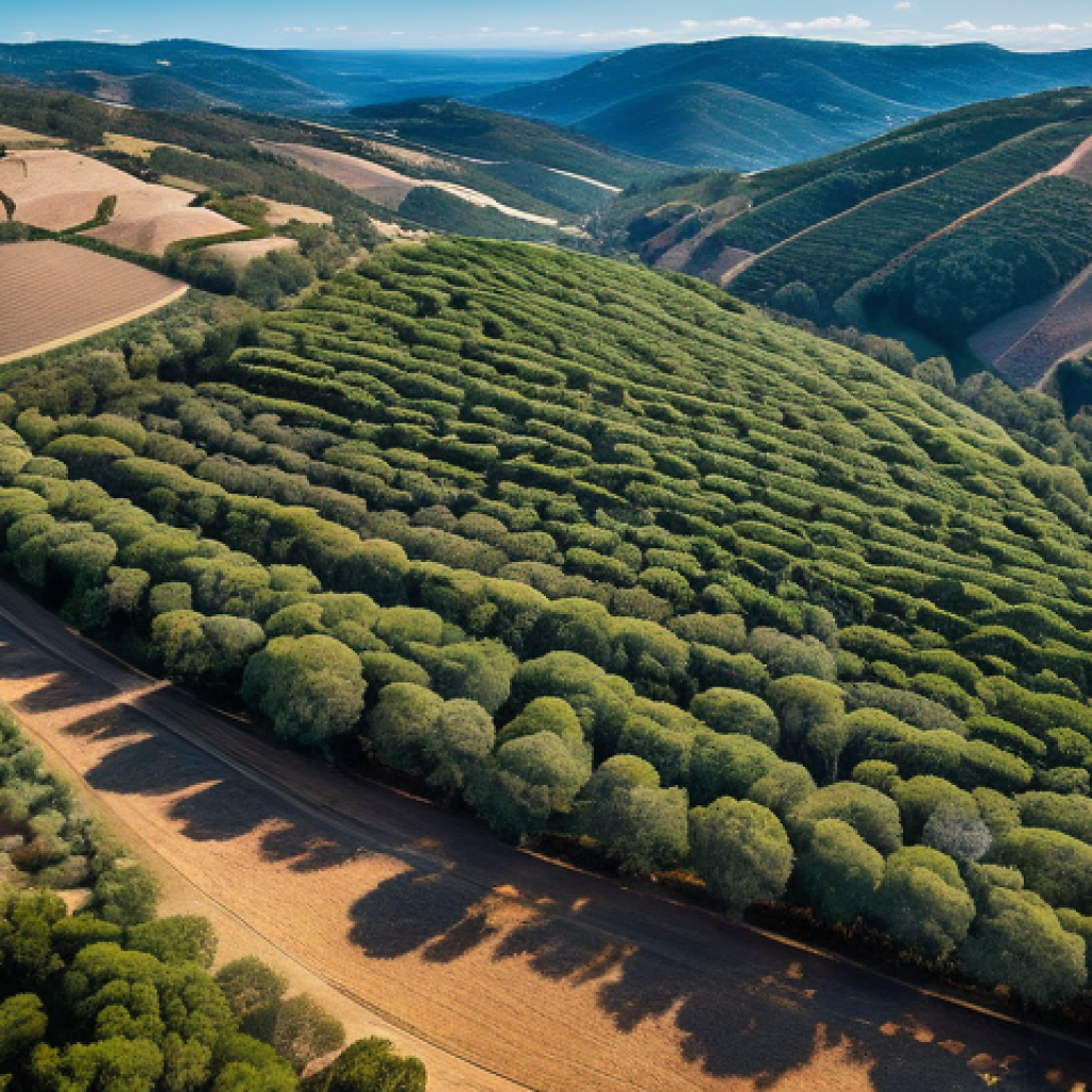 생태계 복원 기술을 활용한 생물 다양성 보호 - **Prompt:** A high-angle aerial shot of a vibrant, reforested area in a hilly, sun-drenched Portugue...