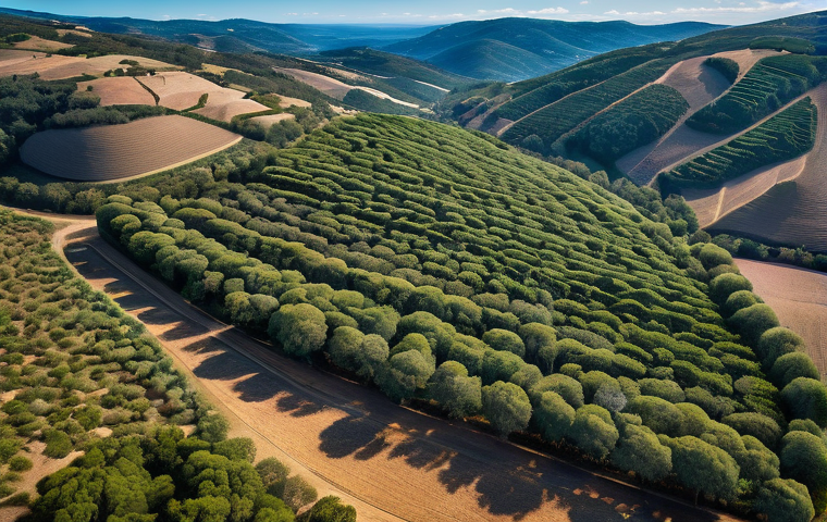 생태계 복원 기술을 활용한 생물 다양성 보호 - **Prompt:** A high-angle aerial shot of a vibrant, reforested area in a hilly, sun-drenched Portugue...