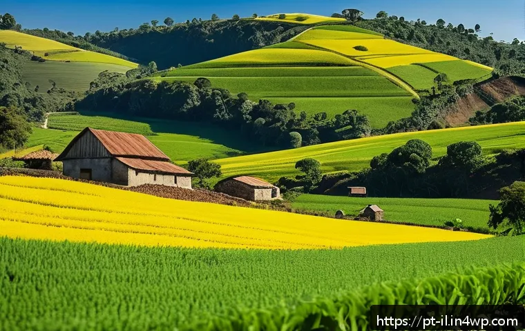 생태계 복원 기술의 환경적 이점 - A vibrant Brazilian rural landscape showcasing a sustainable farm in Minas Gerais with rich, dark fe...